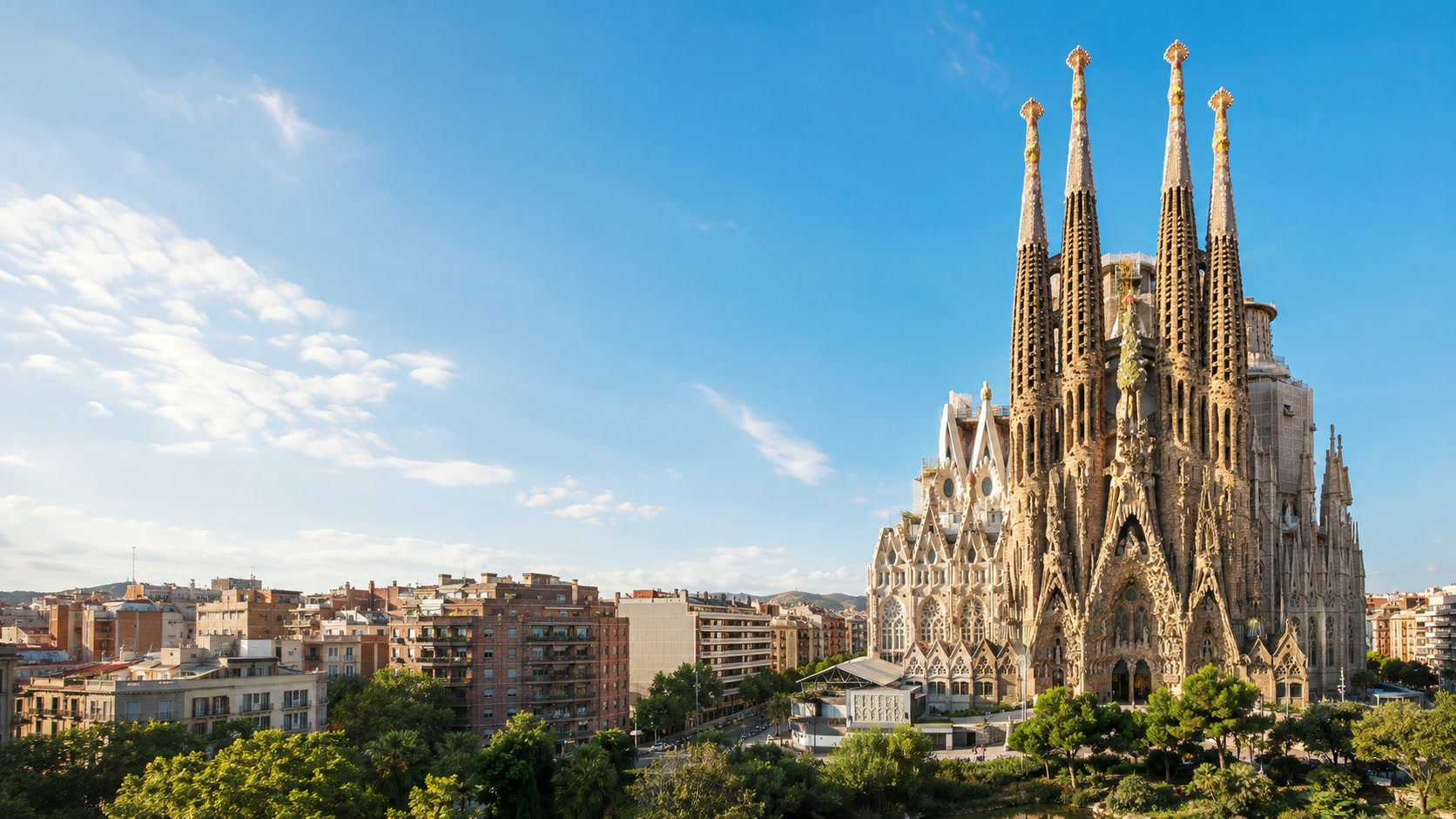 The Sagrada Familia above Barcelona in bright daylight