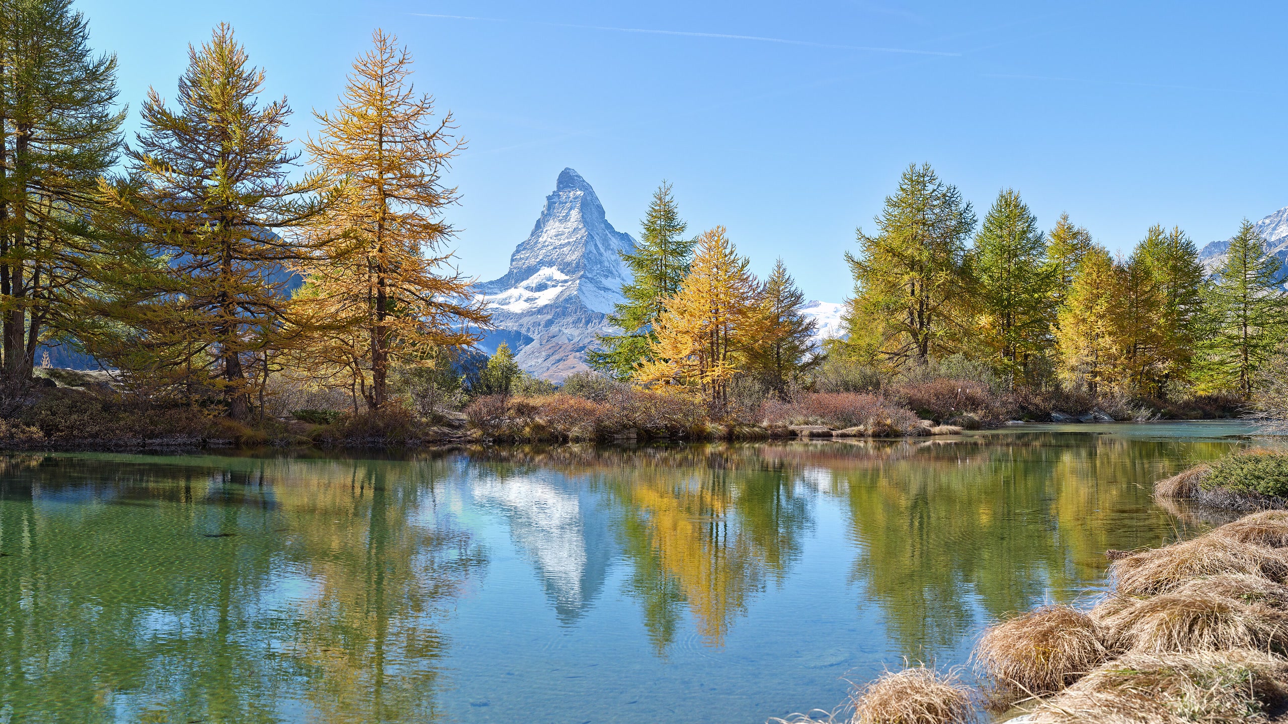 The Matterhorn reflected in Grindjisee near Zermatt in autumn