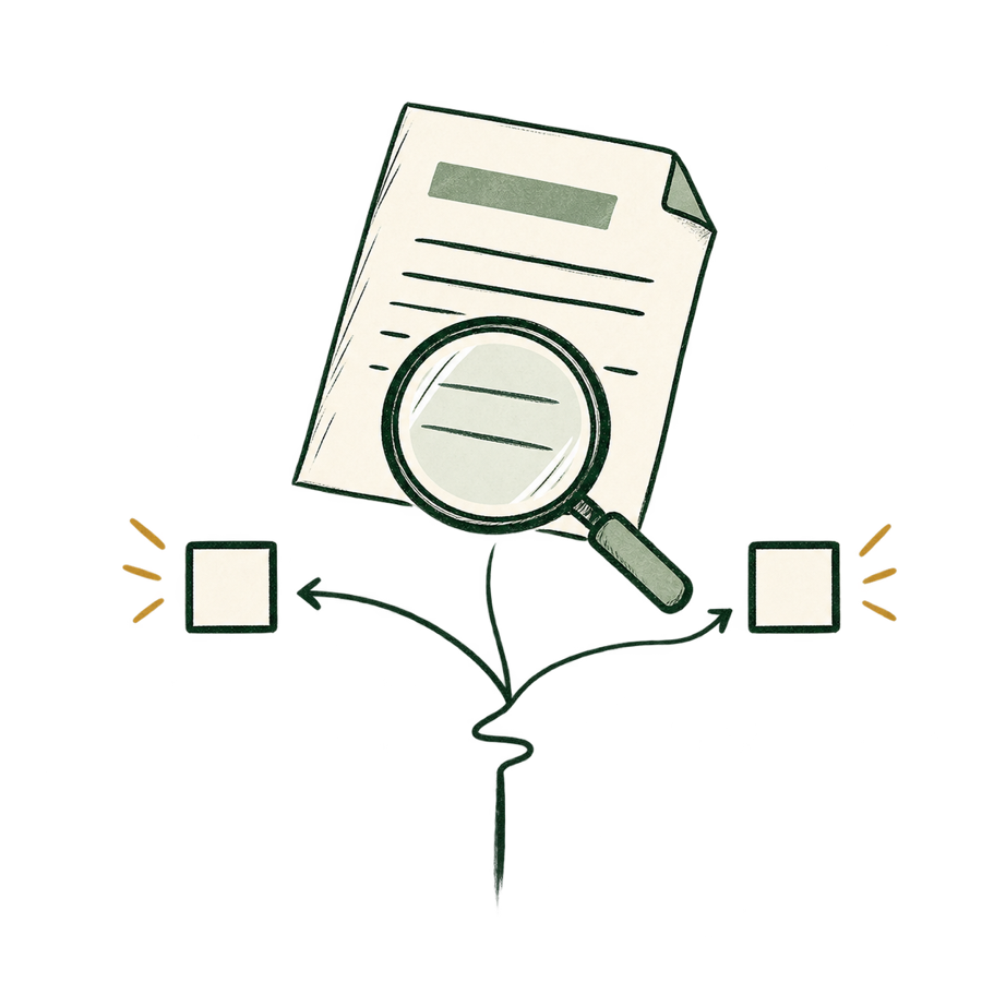 Simple line drawing of a document, two choices, a magnifying glass and a forked path