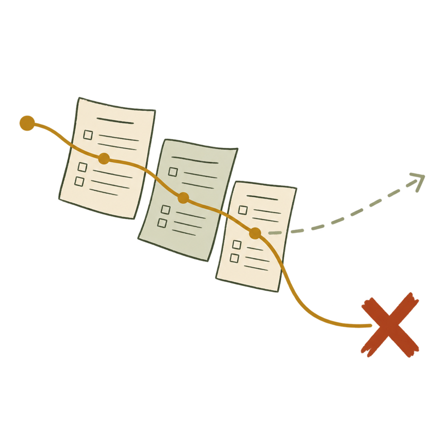 Simple line drawing of an application path bending away and ending at an X