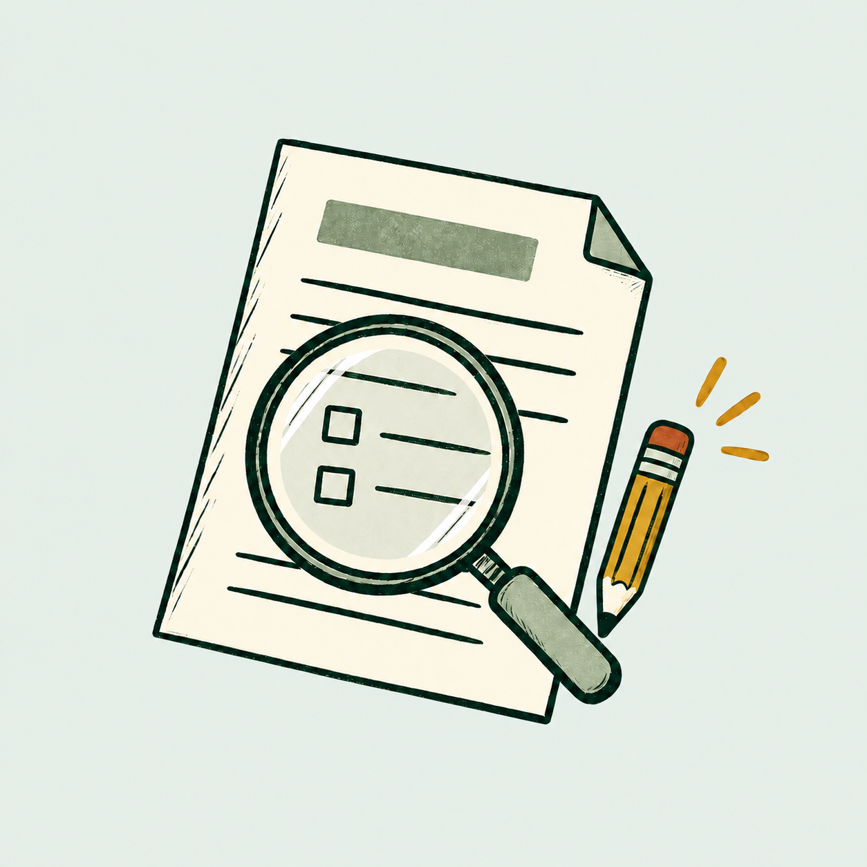 Hand-drawn application form with two unanswered choices, a magnifying glass and a pencil