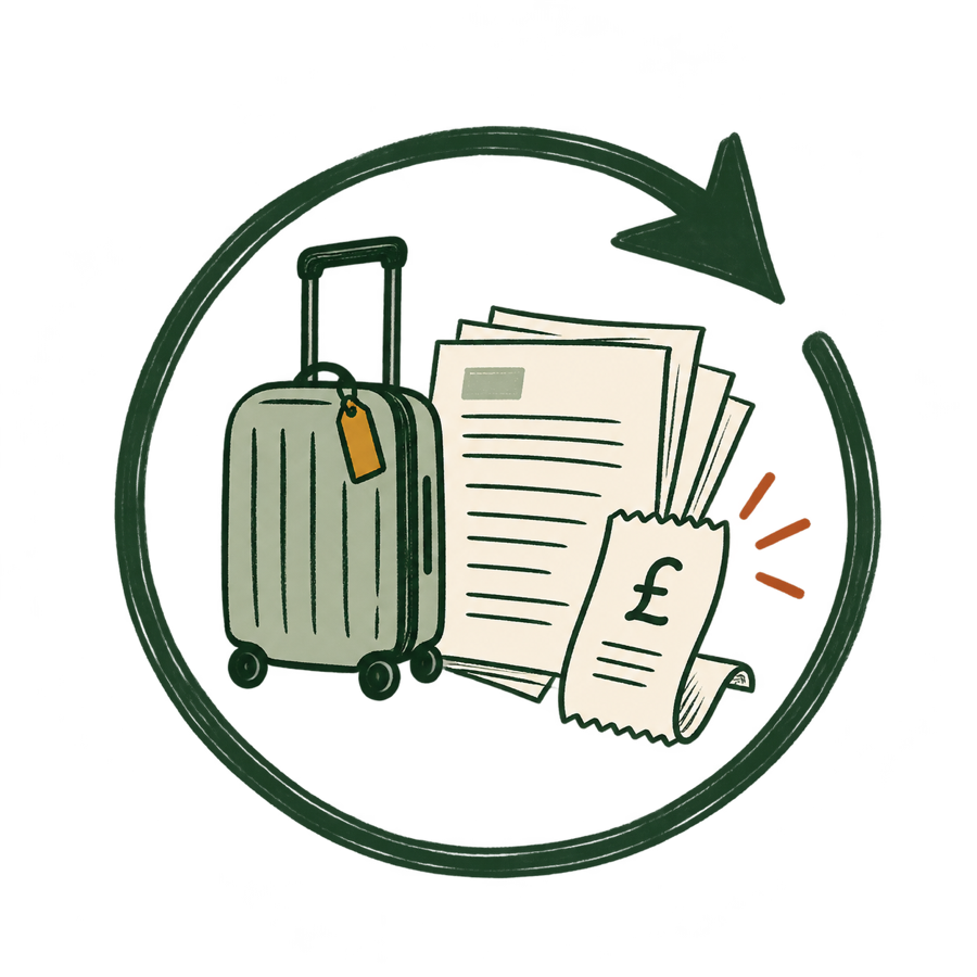 Simple line drawing of a suitcase, application papers and a restart arrow